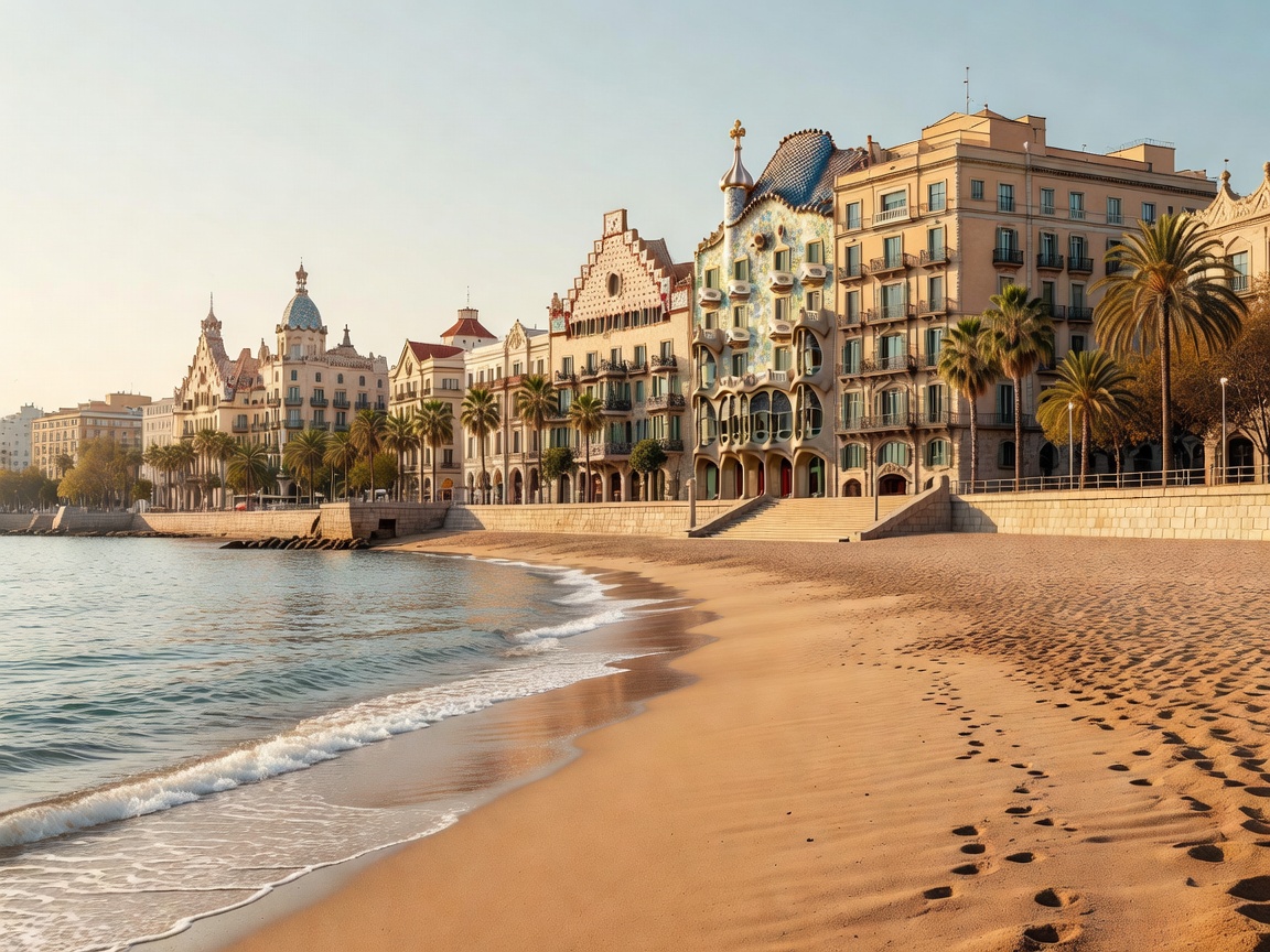 Barcelona coastline with sandy city beaches and Modernist architecture