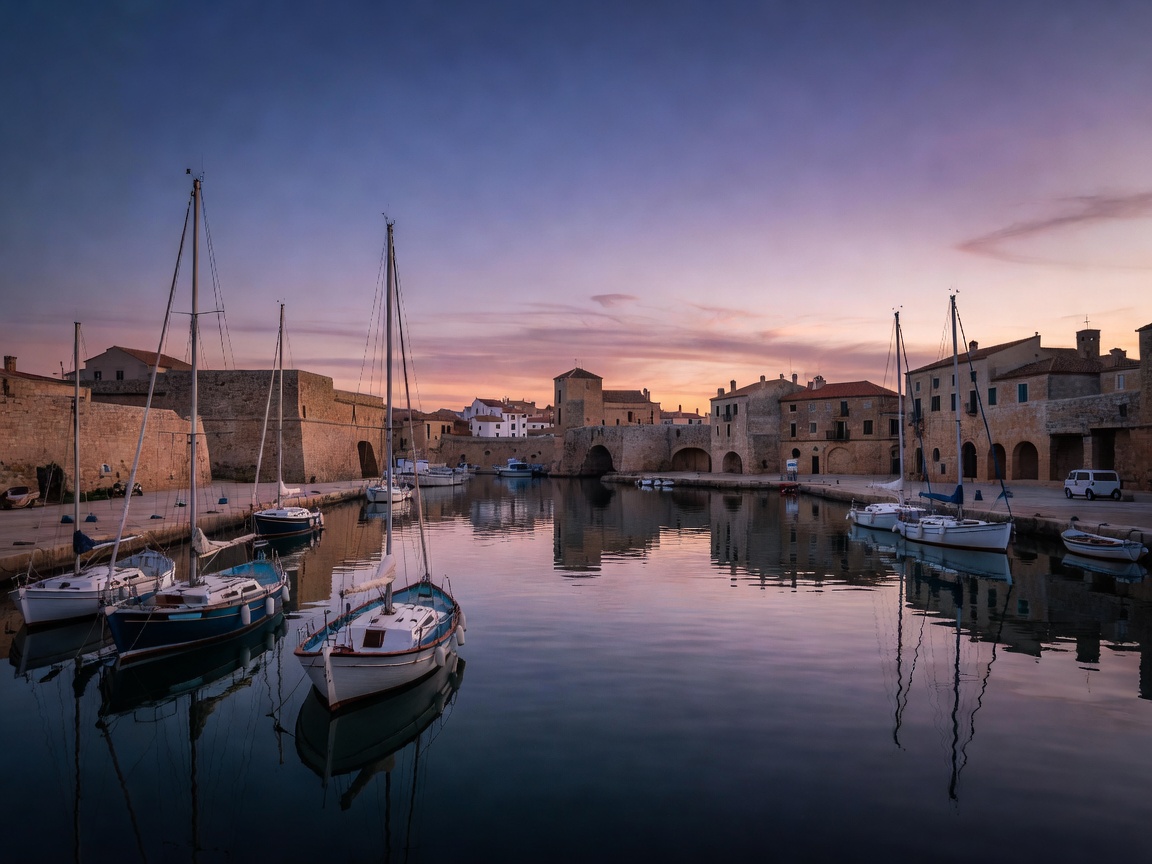 Ciutadella historic port in Menorca at dusk with quiet sailing boats
