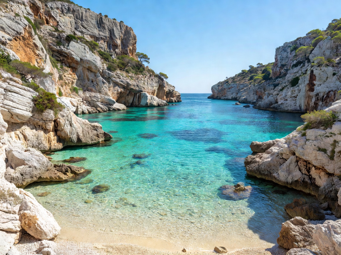 Clear turquoise Mediterranean bay framed by limestone cliffs