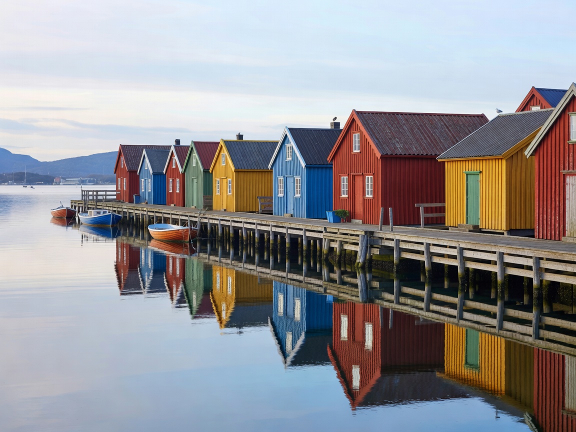 Colorful wooden boathouses on a quiet Scandinavian harbor pier