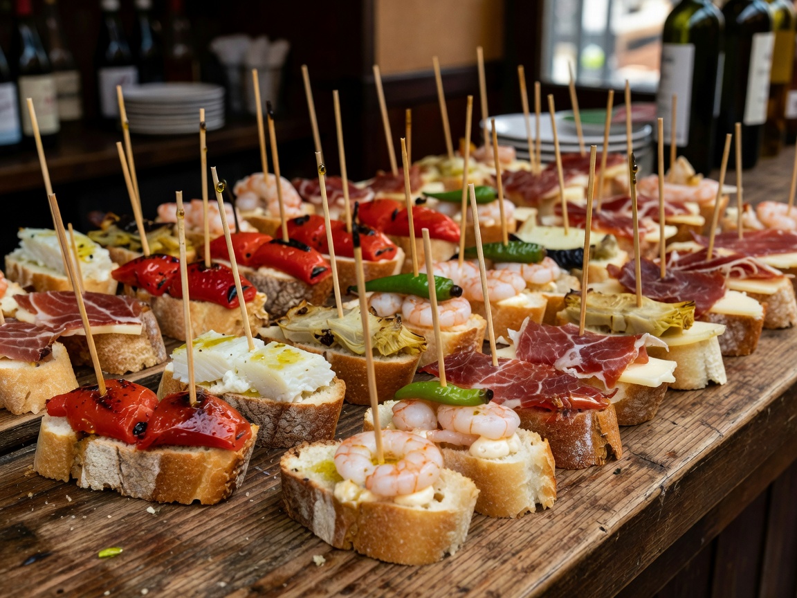 Countertop packed with gourmet Basque pintxos skewered on crusty baguette slices