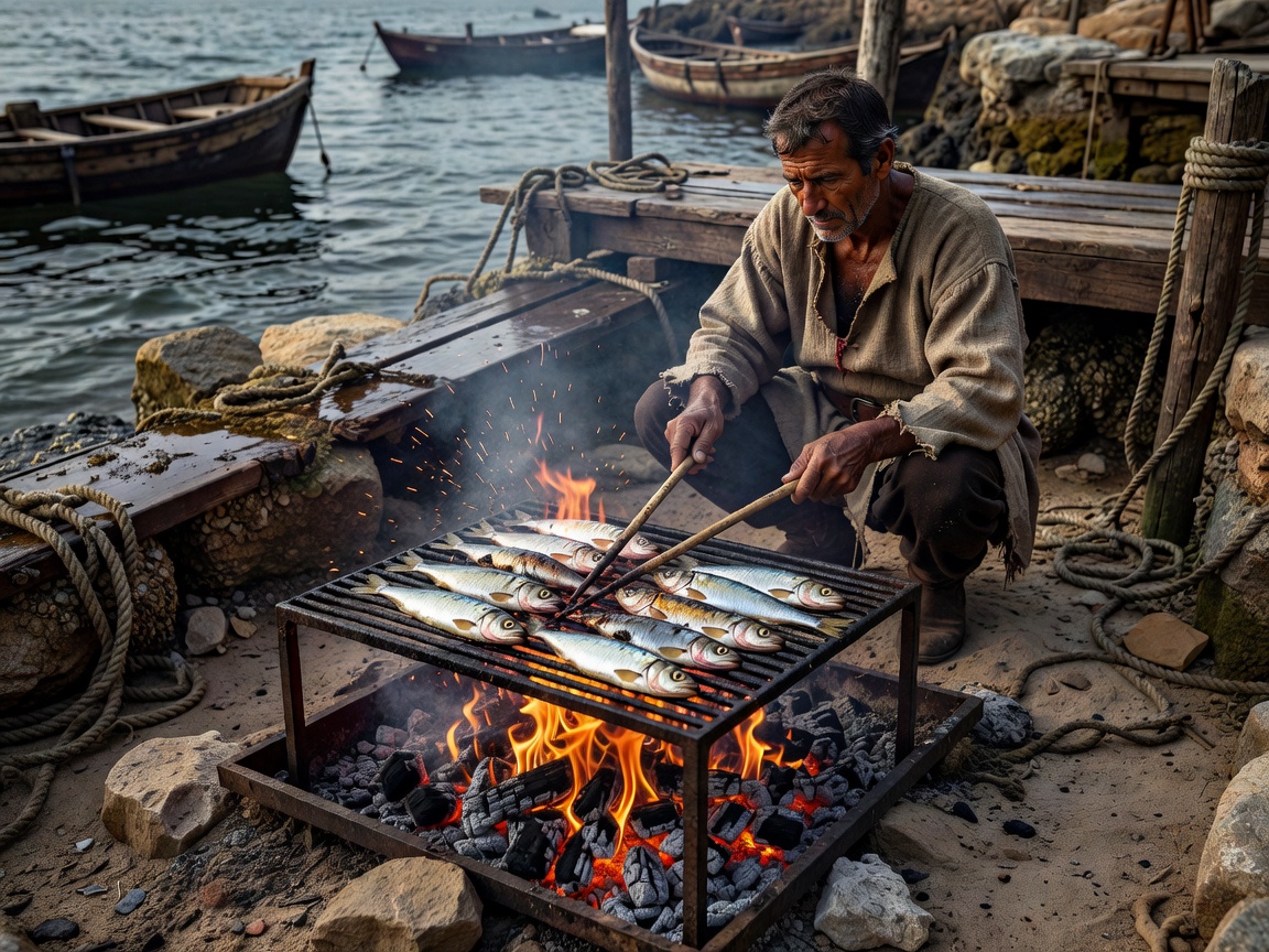 Fresh sardines grilling over hot charcoal outdoors near a Portuguese dock