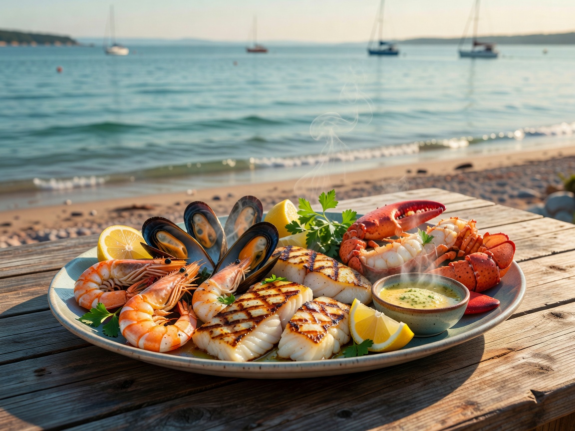 Freshly grilled coastal seafood dish served outdoors by the water