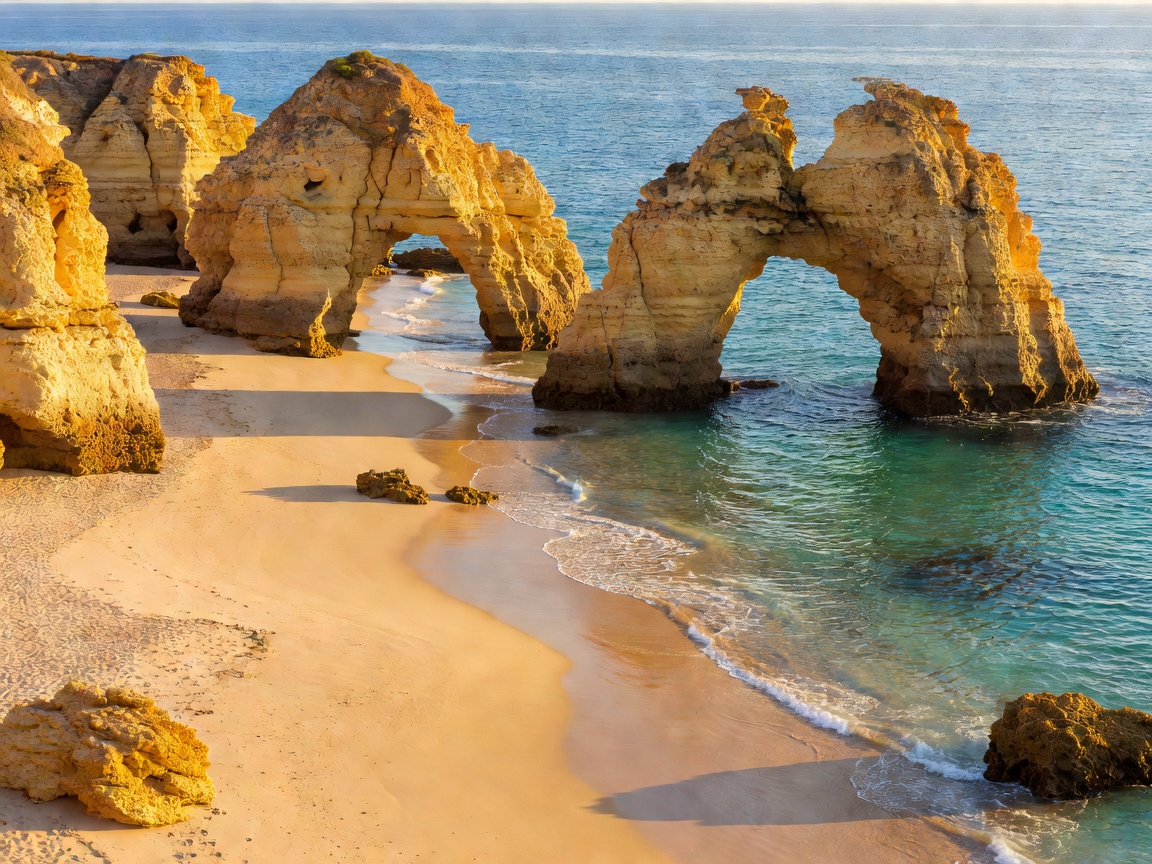 Golden limestone sea arches and sandy beach in the Portuguese Algarve