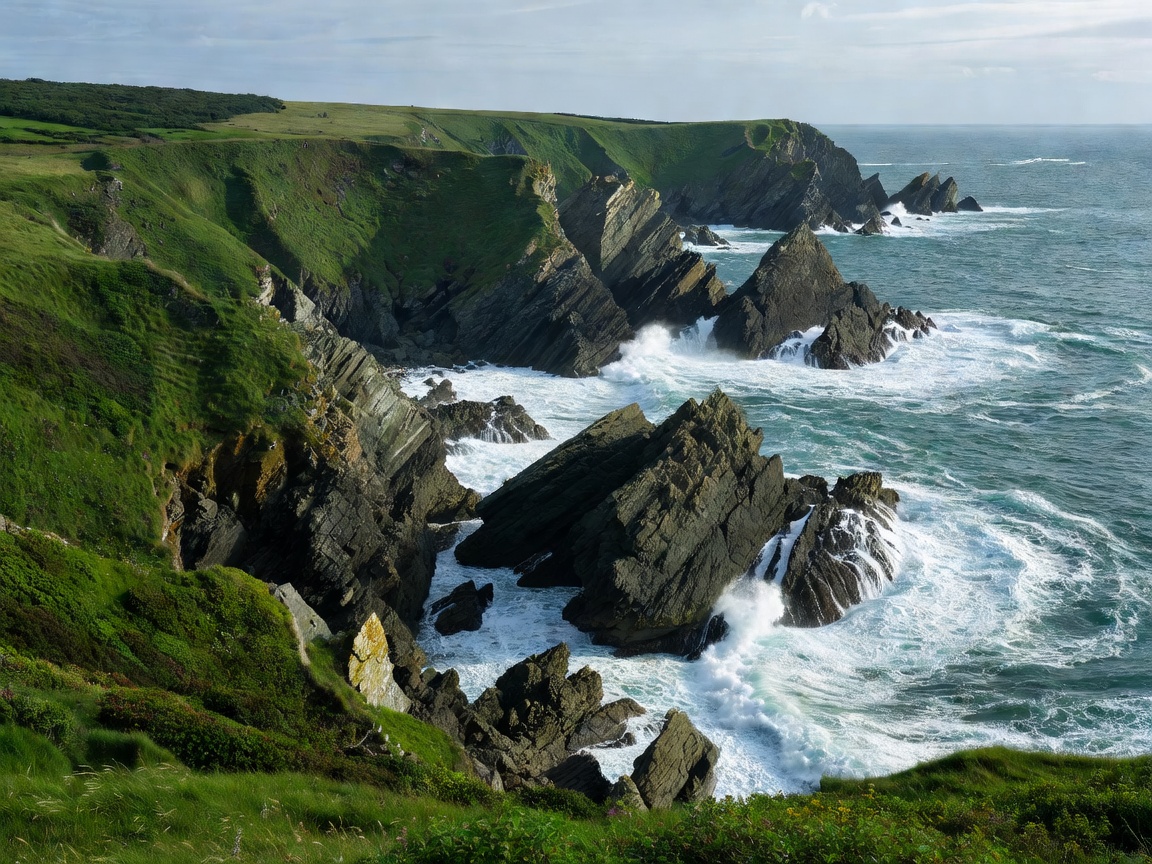 Green headlands and jagged flysch rock formations dipping into the Bay of Biscay