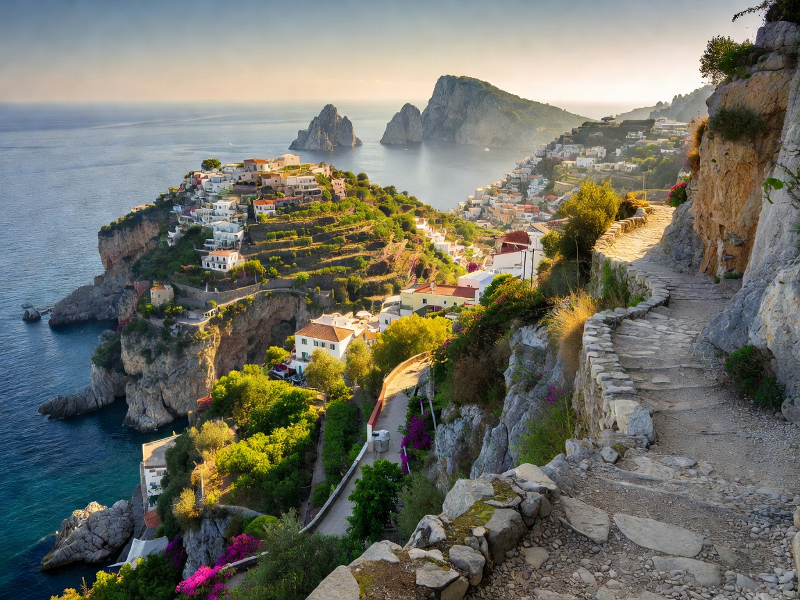 High altitude panoramic path overlooking the Amalfi coast and Capri