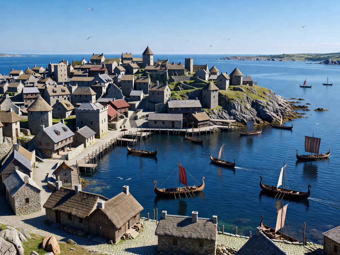 Historic European coastal city overlooking the blue harbor