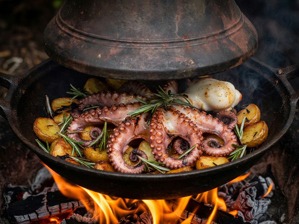 Iron bell cooking vessel roasting whole octopus, potatoes, and rosemary