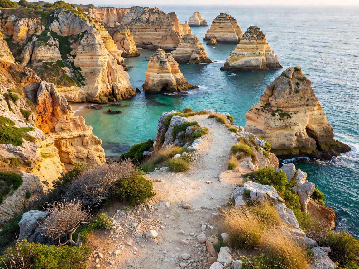 Limestone headland path overlooking sea stacks and turquoise bays in Portugal