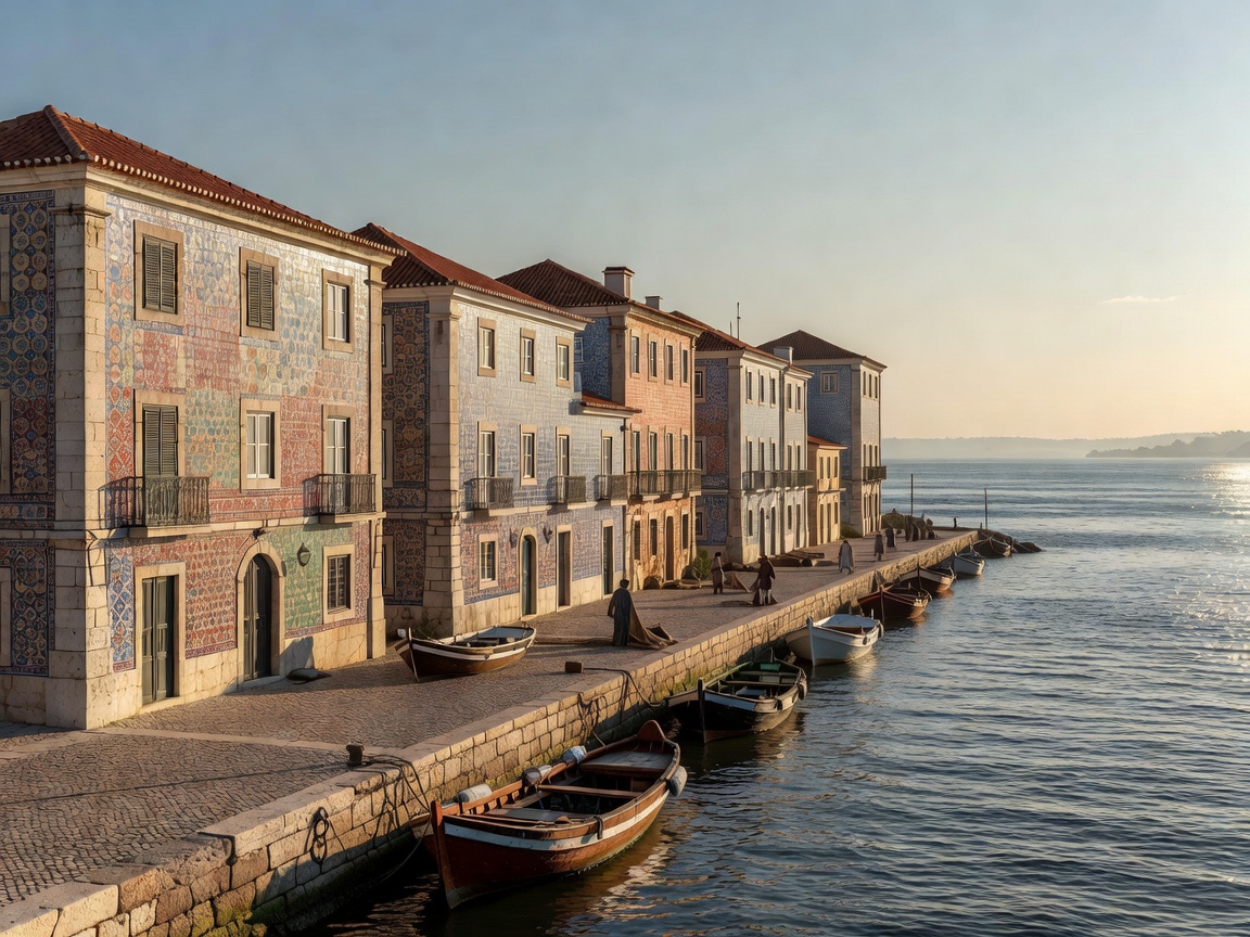Lisbon waterfront and historic tiled buildings along the Tagus estuary