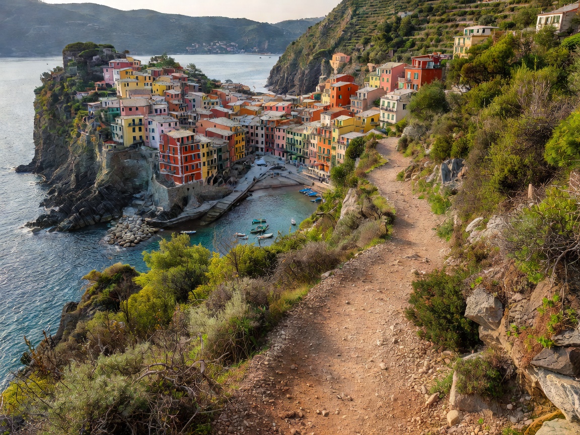 Narrow dirt hiking path above colorful Italian village of Vernazza