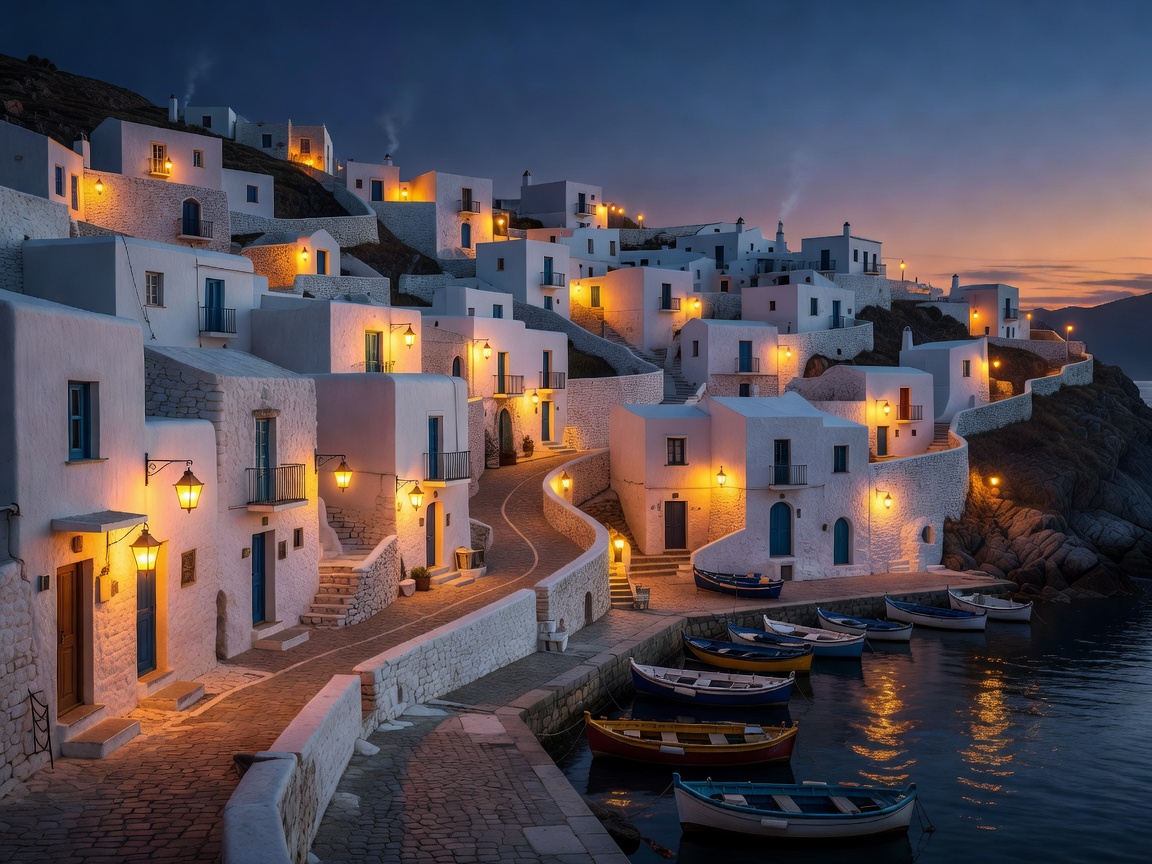 Picturesque whitewashed fishing village at dusk with warm lanterns