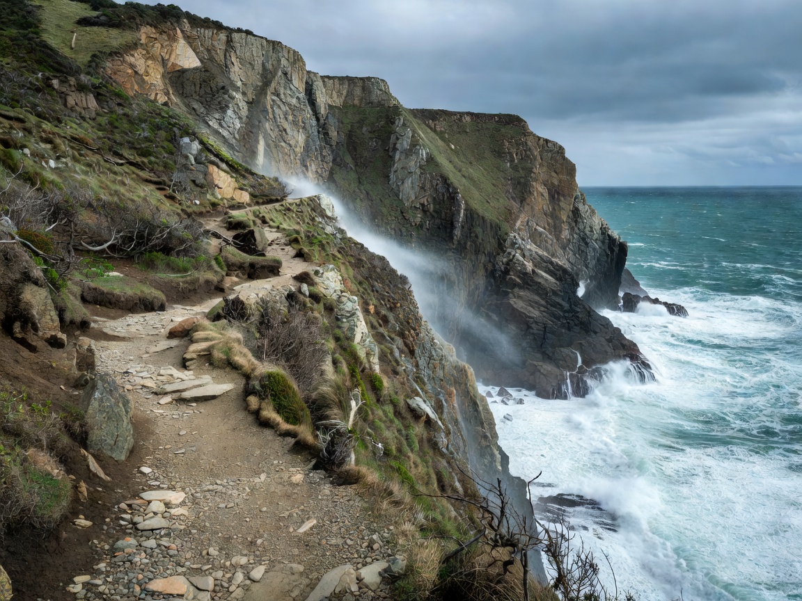 Rugged hiking footpath hugging ocean cliffs high above water