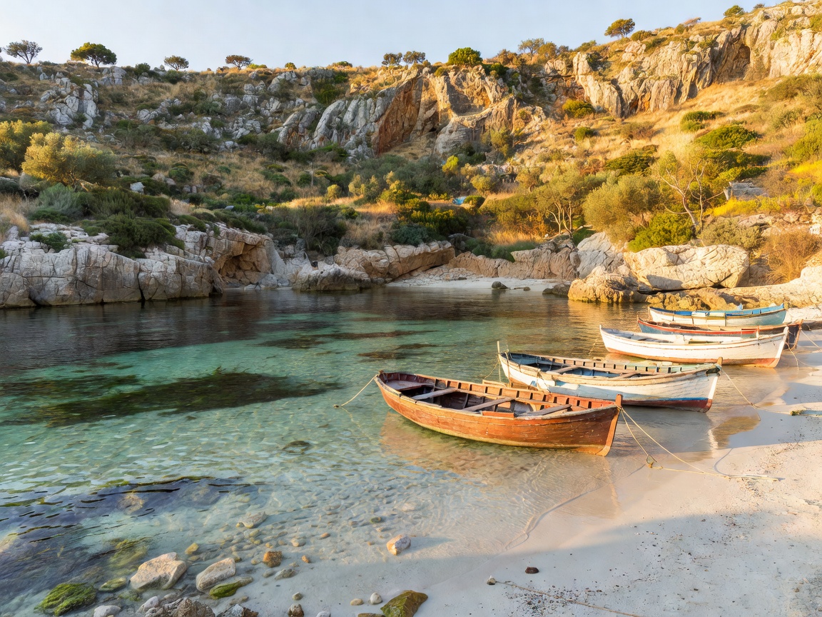 Sheltered Mediterranean bay with small wooden boats resting on clear shallows