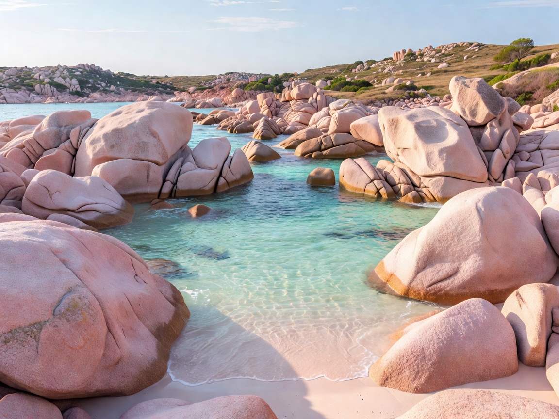 Smooth granite pink-tinted boulders framing a pale turquoise cove in Sardinia