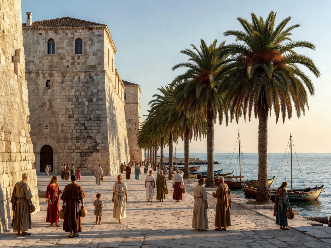 Split Riva waterfront lined with palm trees outside Diocletian Palace