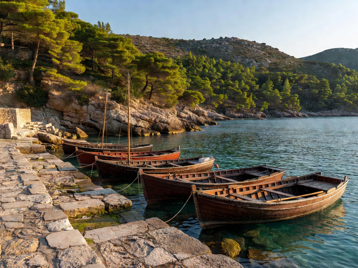 Stone quayside with small boats and pine covered hills in Stari Grad Hvar