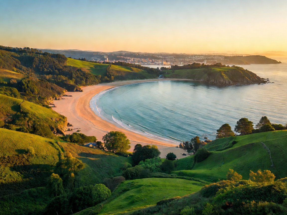 The scallop-shaped La Concha bay in San Sebastian framed by green hills