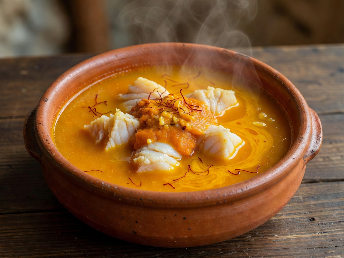Traditional clay pot with saffron seafood broth and rockfish served with rouille